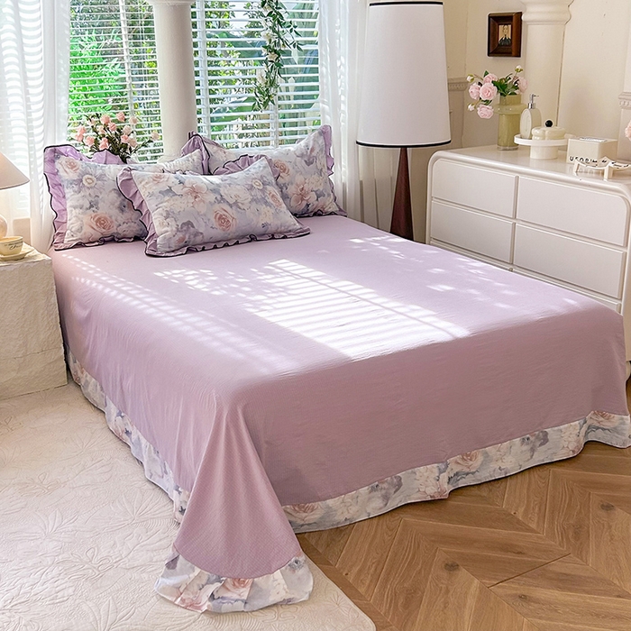 91家纺网 家纺一手货源 找家纺 韩约家纺 2025新款1针织棉皱皱纱床单款夏凉被春秋被冬被四件套 花序