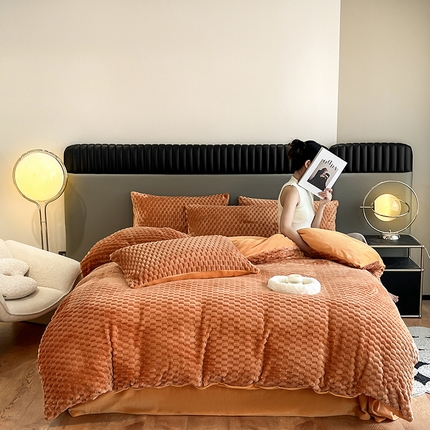 91家纺网 家纺一手货源 找家纺 2024新款牛奶绒提花金龟绒三件套四件套-场景一 金龟绒橘色