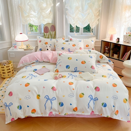 世爵家纺 2025新款亲肤印花磨毛四件套 奶油草莓