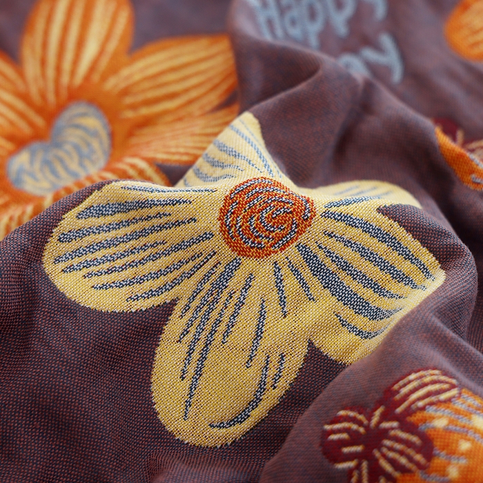 91家纺网 家纺一手货源 找家纺 朴尔家纺-毛巾被 2024新款色织定位提花纯棉四层纱布枕巾 花开忘忧-咖