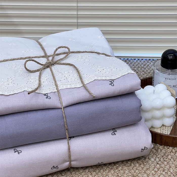 91家纺网 家纺一手货源 找家纺 2024新款全棉印花双层纱四件套--蕾丝花边款 蝴蝶可颂 紫