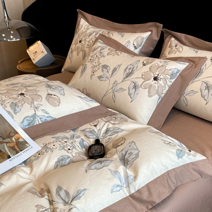 91家纺网 家纺一手货源 找家纺 慕晨 2024新款A类全棉贡缎磨毛数码印花高级宽边简奢款中高端四件套直播爆款 山竹月