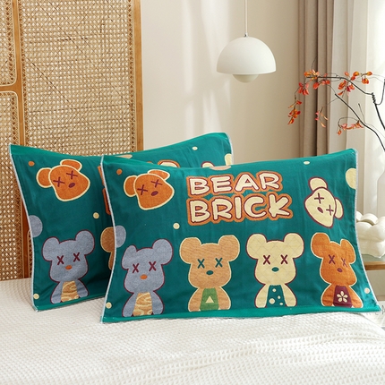 朴尔家纺-毛巾被 2024新款色织定位提花纯棉四层纱布枕巾 百变熊仔-绿