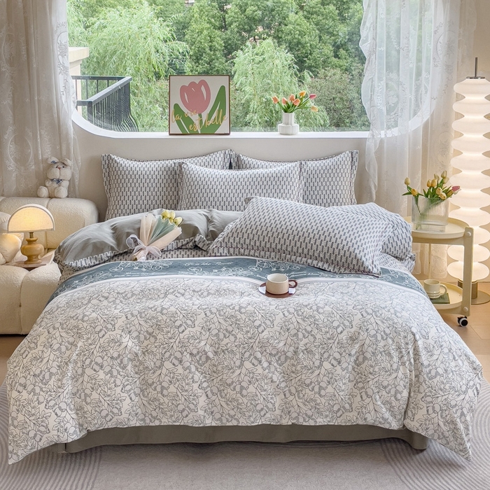 91家纺网 家纺一手货源 找家纺 宜家坊 2024秋冬新款全棉超柔加厚生态磨毛四件套 倾城花语-绿