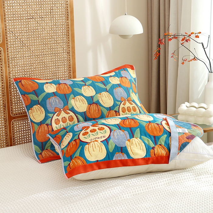 91家纺网 家纺一手货源 找家纺 朴尔家纺-毛巾被 2024新款色织定位提花纯棉四层纱布枕巾 浪漫郁金香-蓝