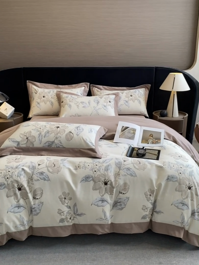 91家纺网 家纺一手货源 找家纺 慕晨 2024新款A类全棉贡缎磨毛数码印花高级宽边简奢款中高端四件套直播爆款 山竹月