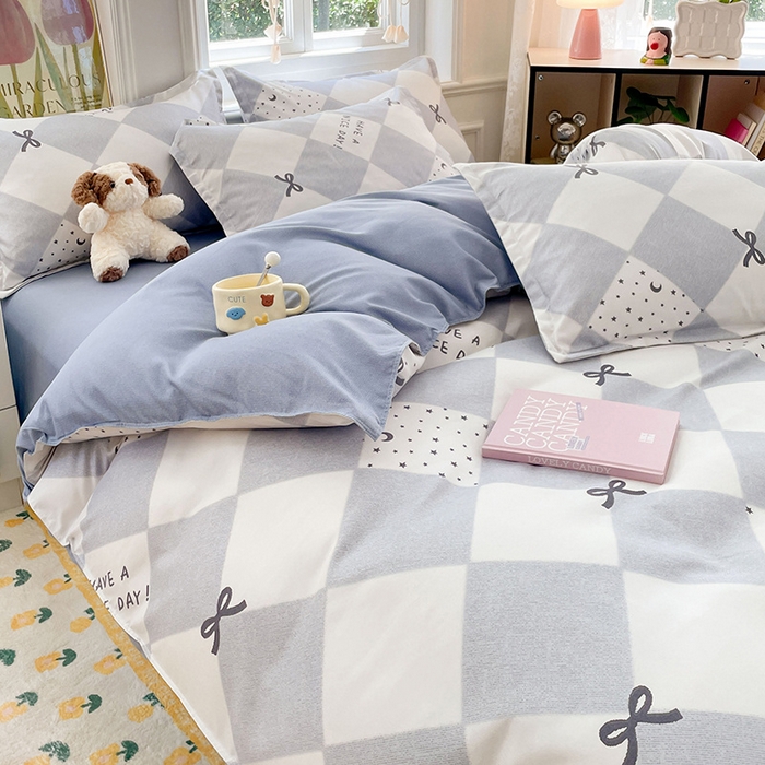 91家纺网 家纺一手货源 找家纺 世爵家纺 2025新款亲肤印花磨毛四件套 棋盘格