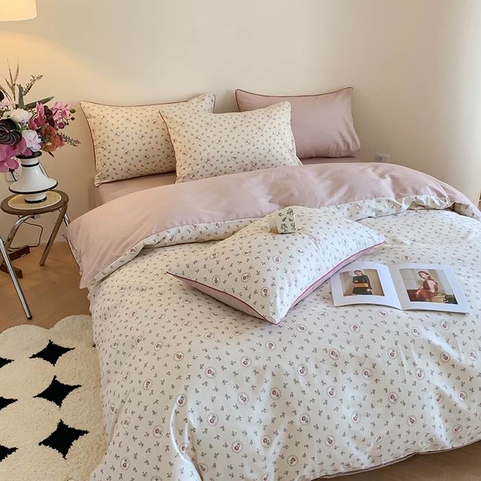 91家纺网 家纺一手货源 找家纺 2024秋冬新款全棉印花嵌绳款小清新四件套 采薇