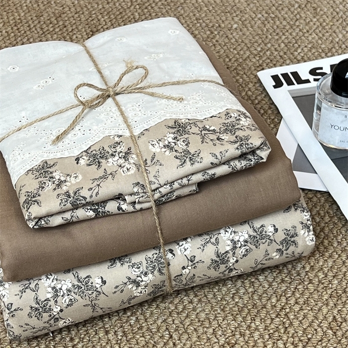 91家纺网 家纺一手货源 找家纺 2024新款全棉印花双层纱四件套--蕾丝花边款 美式