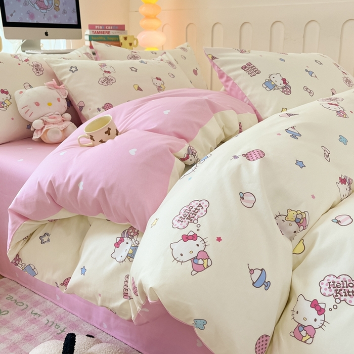 91家纺网 家纺一手货源 找家纺 曼之夏 2024新款全棉三丽鸥卡通四件套 甜筒凯蒂