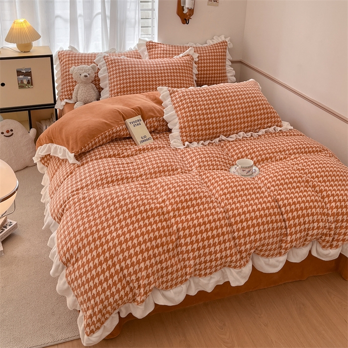 91家纺网 家纺一手货源 找家纺 星座家纺 2025新款千鸟格花边款牛奶绒四件套 千鸟格-焦糖