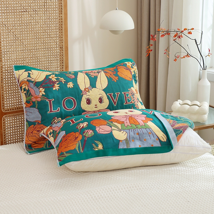 91家纺网 家纺一手货源 找家纺 朴尔家纺-毛巾被 2024新款色织定位提花纯棉四层纱布枕巾 爱情来临-绿