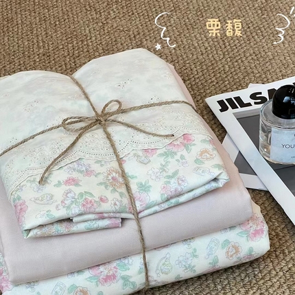 91家纺网 家纺一手货源 找家纺 （总）2024新款全棉印花双层纱四件套--蕾丝花边款