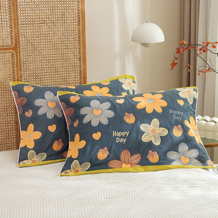 朴尔家纺-毛巾被 2024新款色织定位提花纯棉四层纱布枕巾 花开忘忧-藏青