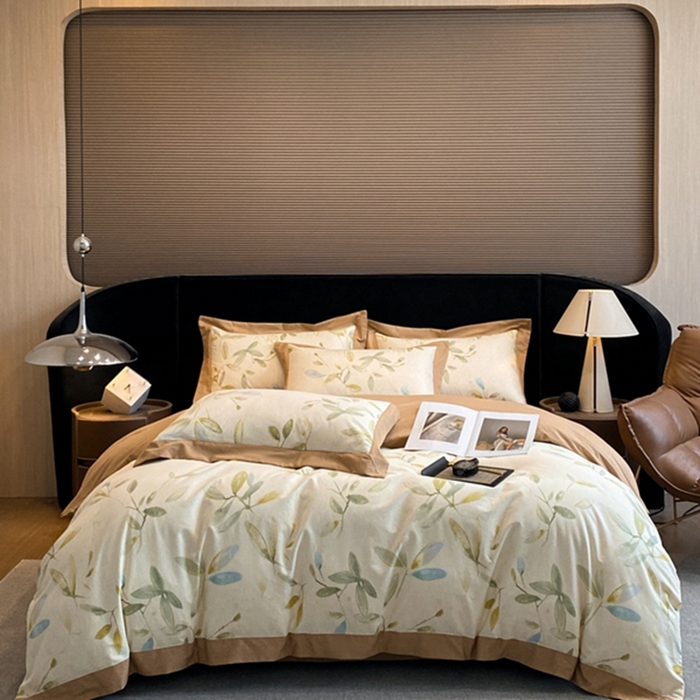 91家纺网 家纺一手货源 找家纺 慕晨 2024新款A类全棉贡缎磨毛数码印花高级宽边简奢款中高端四件套直播爆款 乐莹-米