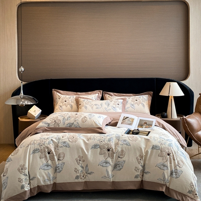 91家纺网 家纺一手货源 找家纺 慕晨 2024新款A类全棉贡缎磨毛数码印花高级宽边简奢款中高端四件套直播爆款 山竹月