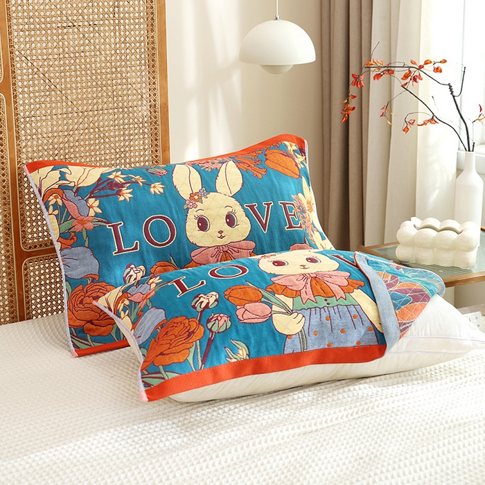 91家纺网 家纺一手货源 找家纺 朴尔家纺-毛巾被 2024新款色织定位提花纯棉四层纱布枕巾 爱情来临-蓝