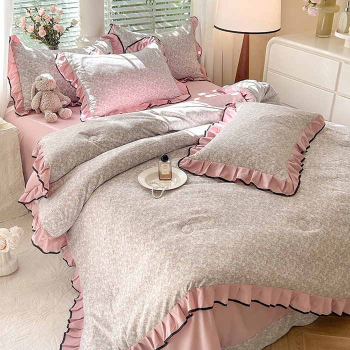 91家纺网 家纺一手货源 找家纺 韩约家纺 2025新款1针织棉皱皱纱床单款夏凉被春秋被冬被四件套 雾里花