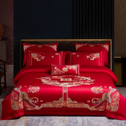 91家纺网 家纺一手货源 找家纺 （总）2025新款长绒棉长绒棉贡缎提花款新中式古典韵味精美刺绣婚庆四件套多件套