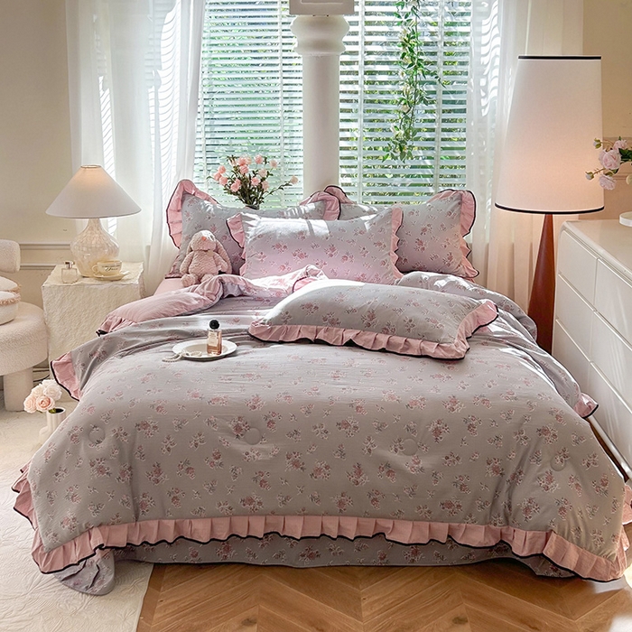 91家纺网 家纺一手货源 找家纺 韩约家纺 2025新款1针织棉皱皱纱床单款夏凉被春秋被冬被四件套 沉香