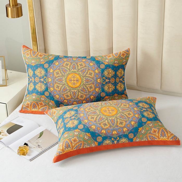 91家纺网 家纺一手货源 找家纺 朴尔家纺-毛巾被 2024新款全棉四层纱布色织提花宽边时尚枕巾系列 复古花园-蓝