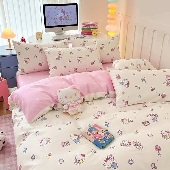 91家纺网 家纺一手货源 找家纺 曼之夏 2024新款全棉三丽鸥卡通四件套 甜筒凯蒂