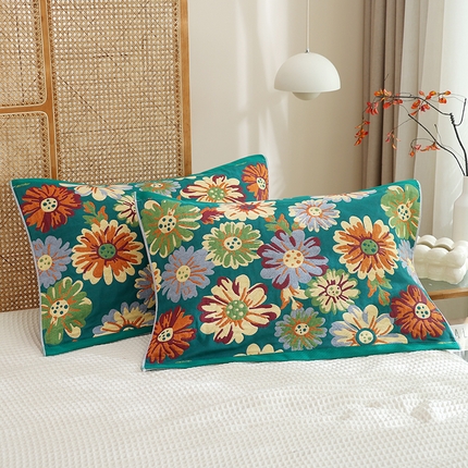 朴尔家纺-毛巾被 2024新款色织定位提花纯棉四层纱布枕巾 油画花园-绿