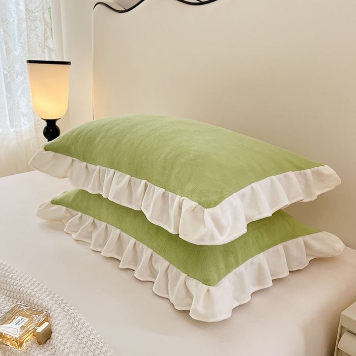 91家纺网 家纺一手货源 找家纺 梦舒羽 2025新款牛奶绒花枕套边单人宿舍法兰绒枕头套珊瑚绒枕芯套 青草绿