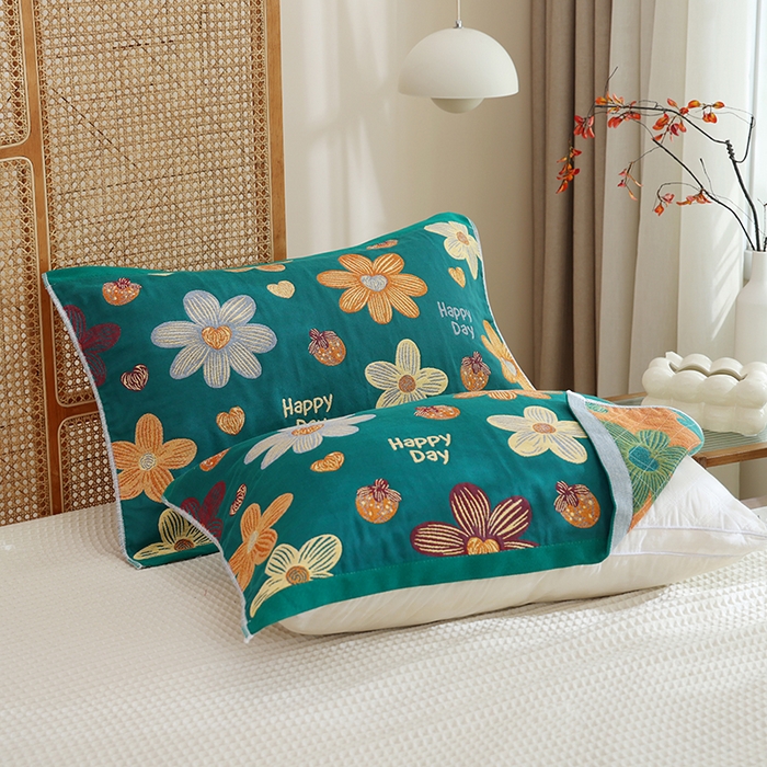 91家纺网 家纺一手货源 找家纺 朴尔家纺-毛巾被 2024新款色织定位提花纯棉四层纱布枕巾 花开忘忧-绿