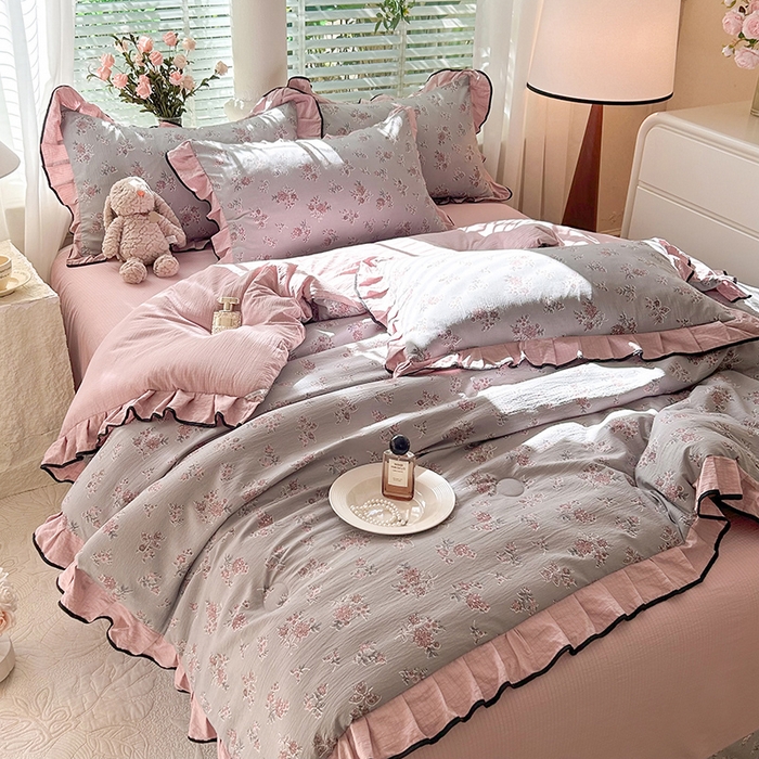 91家纺网 家纺一手货源 找家纺 韩约家纺 2025新款1针织棉皱皱纱床单款夏凉被春秋被冬被四件套 沉香