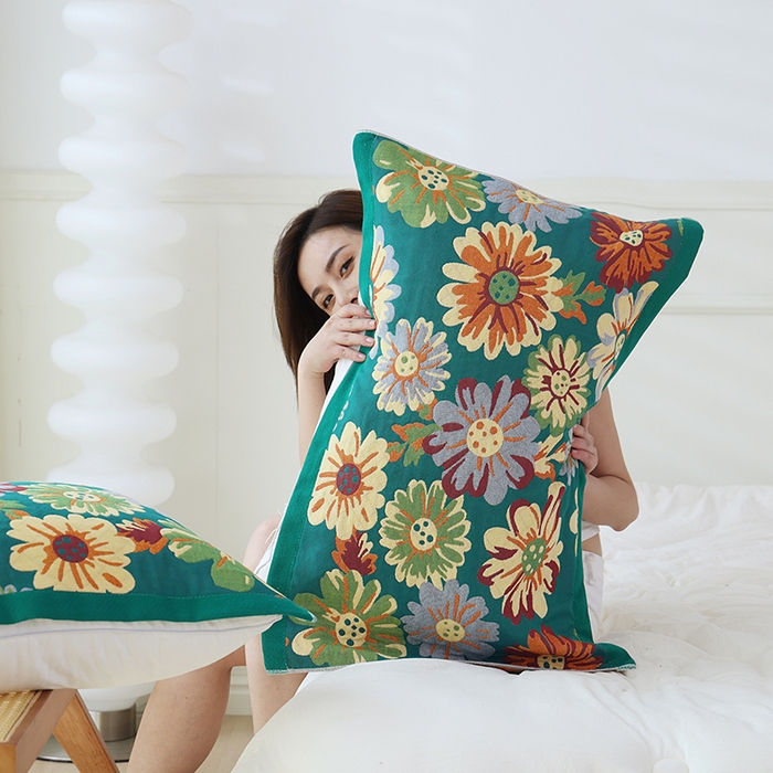 91家纺网 家纺一手货源 找家纺 朴尔家纺-毛巾被 2024新款色织定位提花纯棉四层纱布枕巾 油画花园-绿