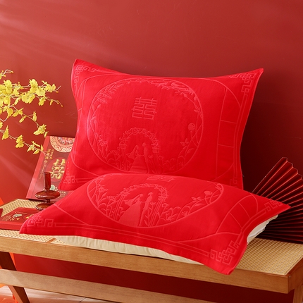 2024新款全棉六层纱布大红色婚庆加厚透气枕巾52*78cm一对 白首之约