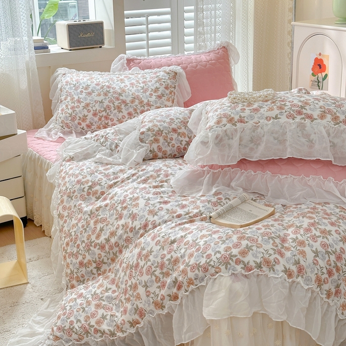 91家纺网 家纺一手货源 找家纺 （总）淑女公社 2024春夏新款竹棉双层纱床裙款四件套-玫瑰庄园