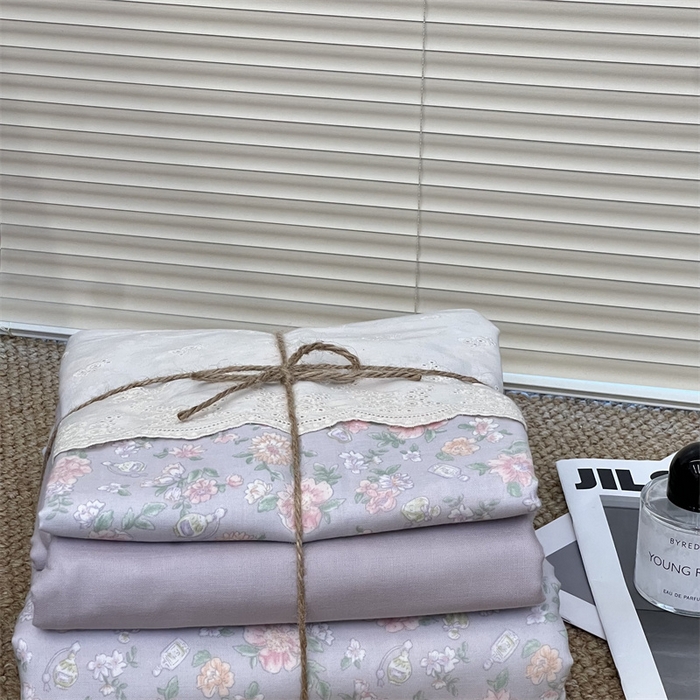 91家纺网 家纺一手货源 找家纺 2024新款全棉印花双层纱四件套--蕾丝花边款 栗馥 紫