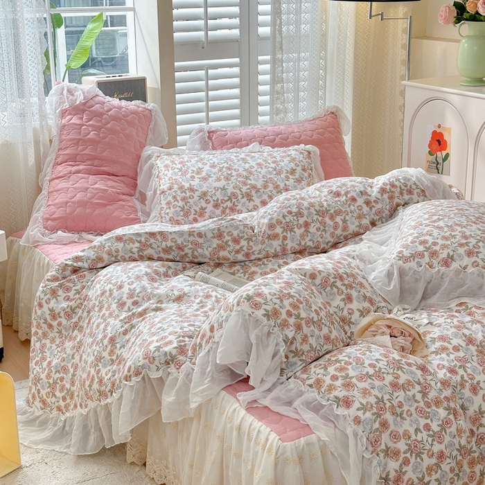 91家纺网 家纺一手货源 找家纺 （总）淑女公社 2024春夏新款竹棉双层纱床裙款四件套-玫瑰庄园