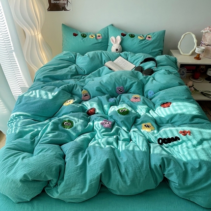 91家纺网 家纺一手货源 找家纺 红嘴企鹅 2025新款海底世界水洗棉四件套 海底世界爱-尔兰绿