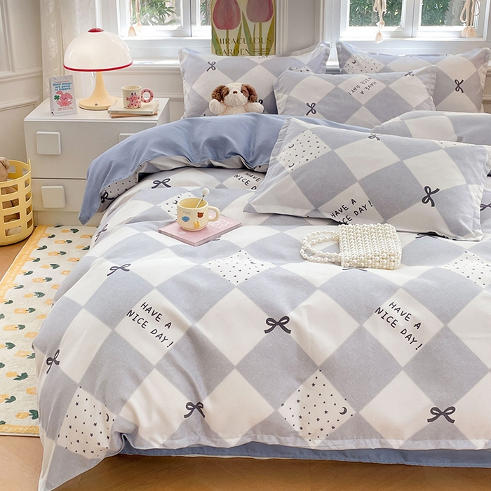 91家纺网 家纺一手货源 找家纺 世爵家纺 2025新款亲肤印花磨毛四件套 棋盘格