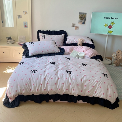 91家纺网 家纺一手货源 找家纺 （总）轻奢坊 2024新款法式花边蝴蝶结水洗棉四件套