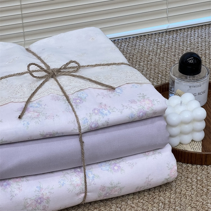 91家纺网 家纺一手货源 找家纺 2024新款全棉印花双层纱四件套--蕾丝花边款 茱丽叶