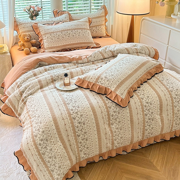 91家纺网 家纺一手货源 找家纺 韩约家纺 2025新款1针织棉皱皱纱床单款夏凉被春秋被冬被四件套 陌上花