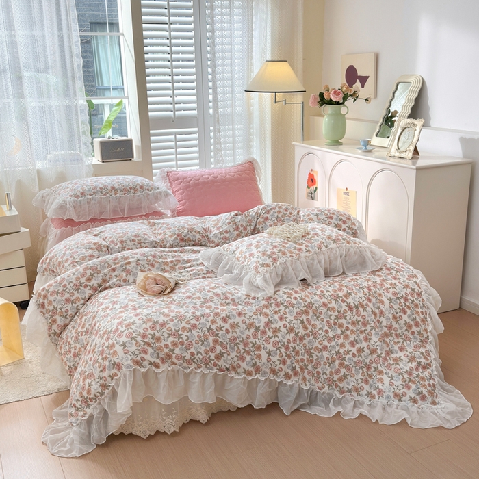 91家纺网 家纺一手货源 找家纺 （总）淑女公社 2024春夏新款竹棉双层纱床裙款四件套-玫瑰庄园