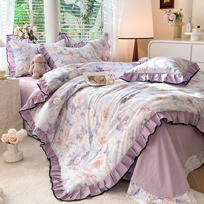 91家纺网 家纺一手货源 找家纺 韩约家纺 2025新款1针织棉皱皱纱床单款夏凉被春秋被冬被四件套 花序