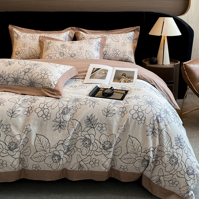 91家纺网 家纺一手货源 找家纺 慕晨 2024新款A类全棉贡缎磨毛数码印花高级宽边简奢款中高端四件套直播爆款 茉娜