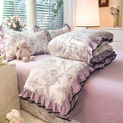 91家纺网 家纺一手货源 找家纺 韩约家纺 2025新款1针织棉皱皱纱床单款夏凉被春秋被冬被四件套 紫韵 