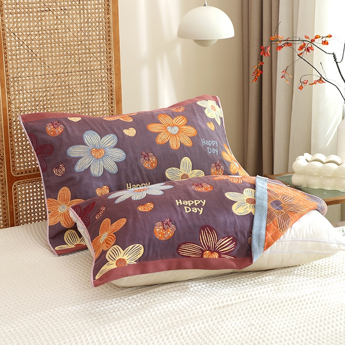 91家纺网 家纺一手货源 找家纺 朴尔家纺-毛巾被 2024新款色织定位提花纯棉四层纱布枕巾 花开忘忧-咖