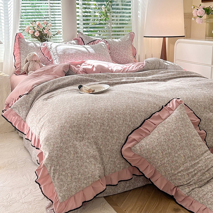 91家纺网 家纺一手货源 找家纺 韩约家纺 2025新款1针织棉皱皱纱床单款夏凉被春秋被冬被四件套 雾里花