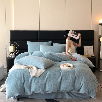 91家纺网 家纺一手货源 找家纺 2024新款兔毛麦穗纹系列三件套四件套 琉璃蓝