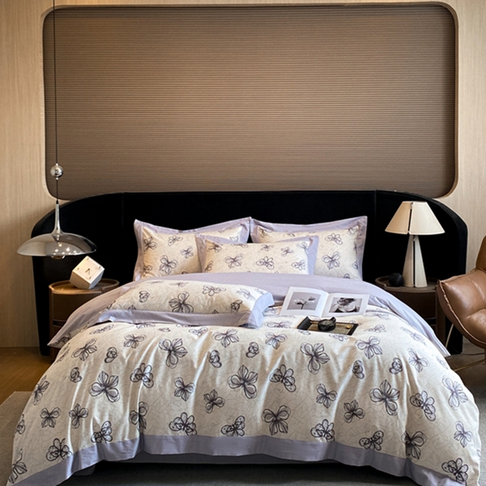 91家纺网 家纺一手货源 找家纺 慕晨 2024新款A类全棉贡缎磨毛数码印花高级宽边简奢款中高端四件套直播爆款 淡雅华花