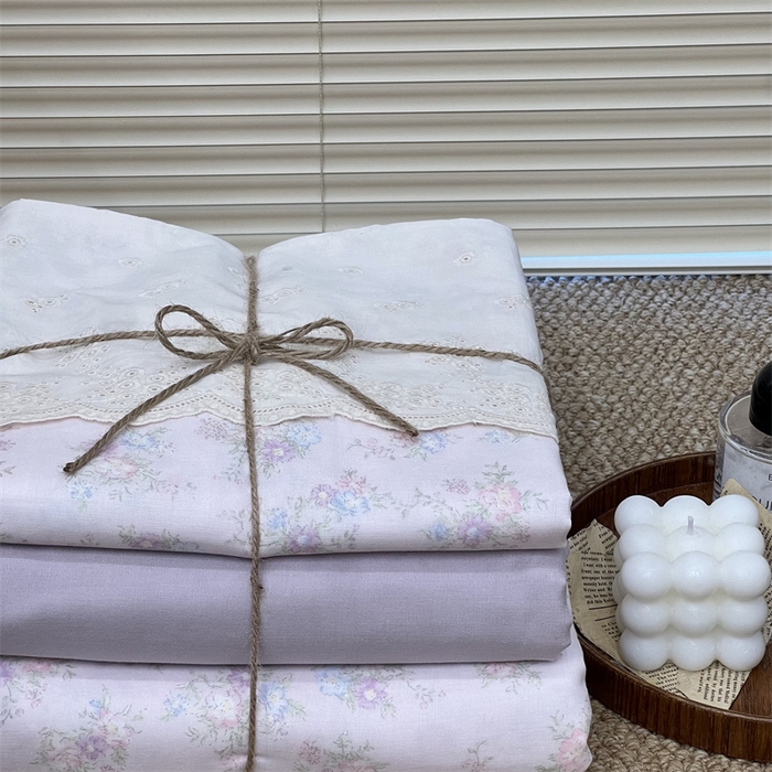 91家纺网 家纺一手货源 找家纺 2024新款全棉印花双层纱四件套--蕾丝花边款 茱丽叶