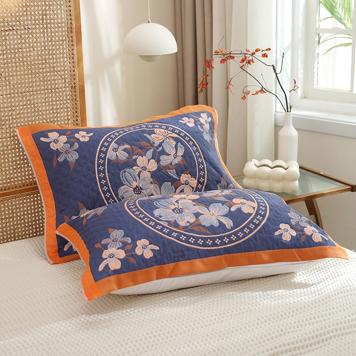 91家纺网 家纺一手货源 找家纺 朴尔家纺-毛巾被 2024新款全棉色织提花宽边定位四层纱布枕巾 春意浓-藏青